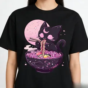 Dark Cute Gothic Anime Cat Ramen T-Shirt – Cotton Casual Tee With Whimsical Moon & Stars Design, Perfect For All Seasons, Anime Fan Apparel |   Vibrant Print Quality