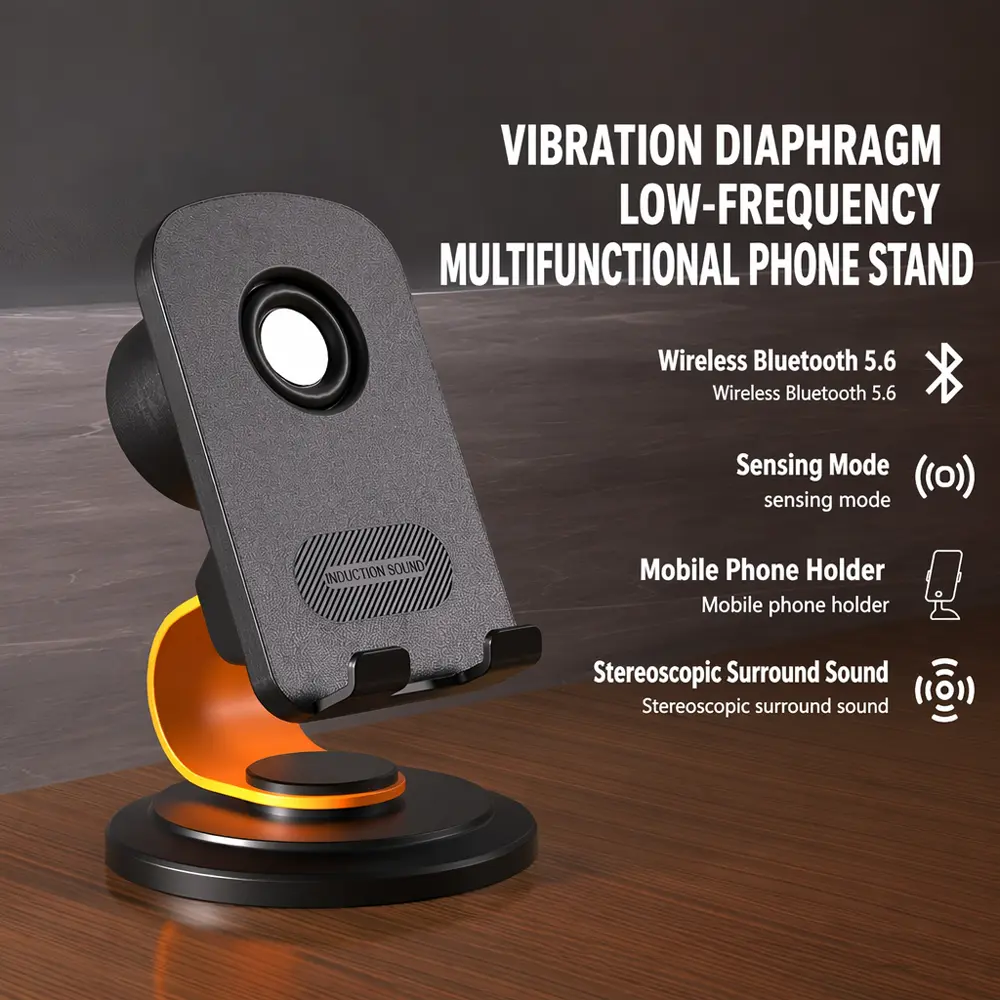 Phone Stand With Bluetooth Speaker-Phone stand with instant wireless Bluetooth speaker, portable Bluetooth speaker, suitable for home and outdoor use, all-day playback, compatible with iOS/Android systems.