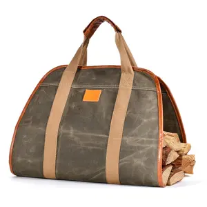 Heavy-Duty Waxed Canvas Wood Carrying Bag for Firewood - Durable Firewood Log Carrier Tote with Handles