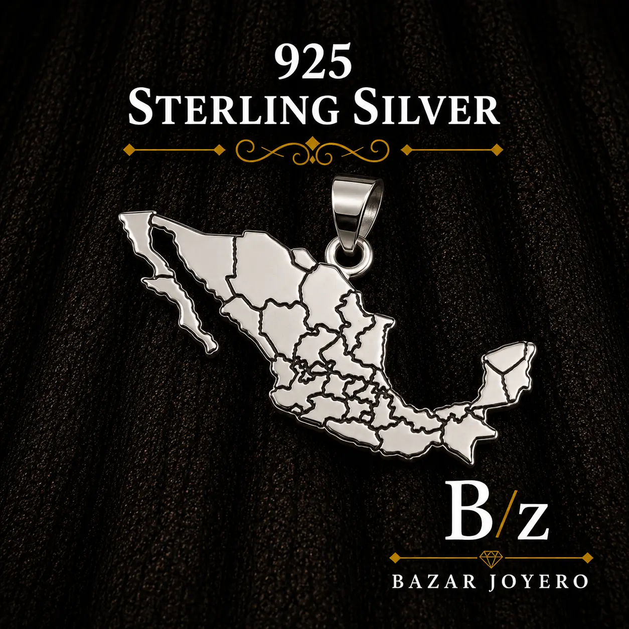 925 Sterling Silver Mexico Map Pendant with State Outline