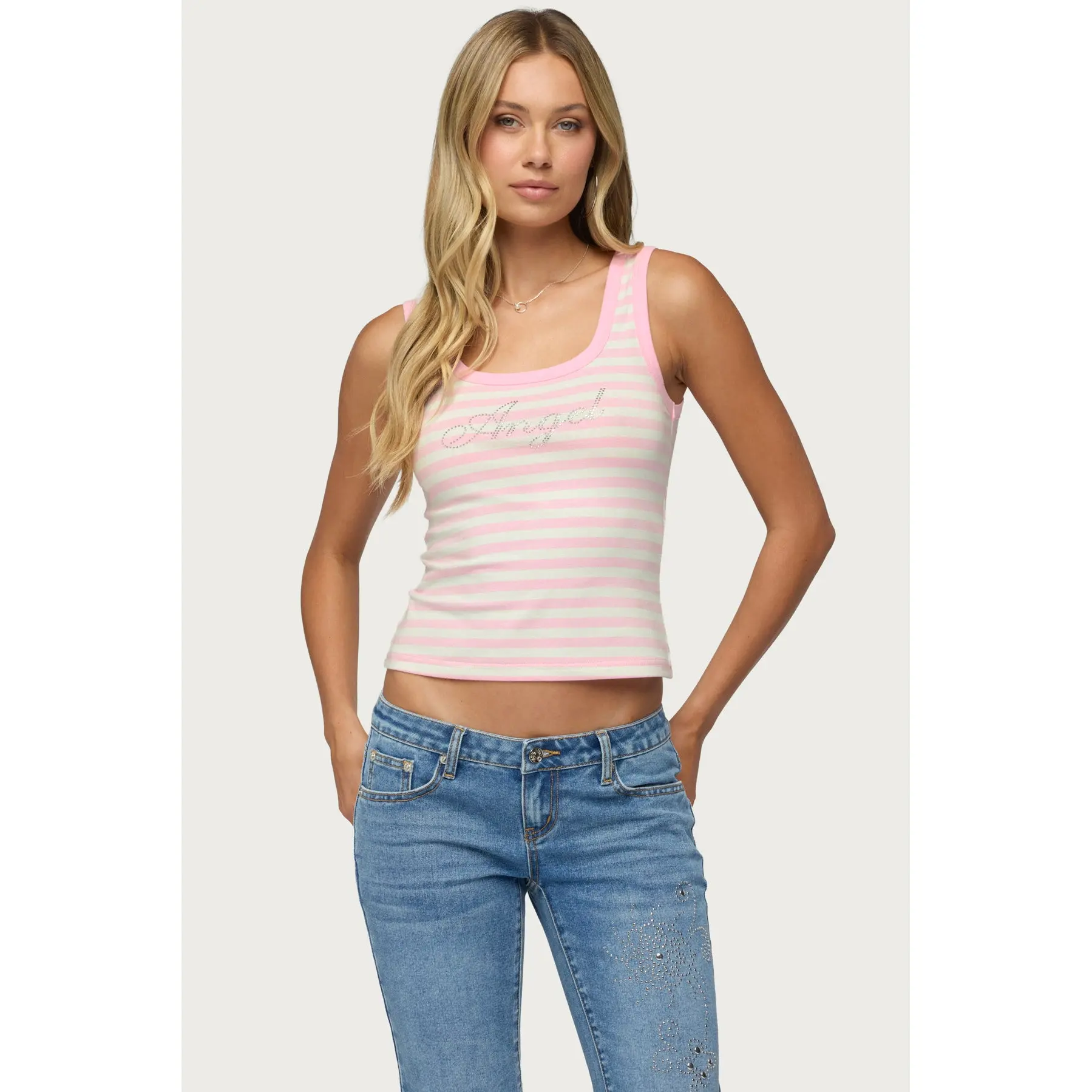 Angel Glow Rhinestone Striped Tank Top