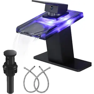 LED Faucet, Sink Faucet 1 Hole, Waterfall Spout Single Handle Bath with Drain Parts Mixer Tap Spout Black