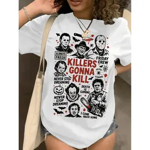[Horror Movie Graphic T-Shirt] Women's Stretchy Ice Silky Fiber Fabric Horror Movie Graphic T-Shirt | Jason Voorhees, Freddy Krueger, Michael Myers | Halloween Party Outfits & Casual Attire | White with Red Accents | Machine Washa