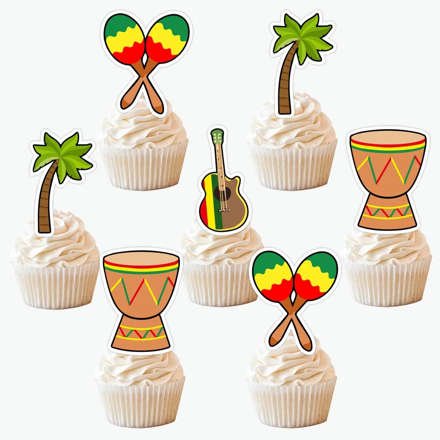 1Set Reggae Cupcake Toppers Palm Tree Reggae Music Cupcake Toppers Jamaican Rastafari Palm Tree Cake Decorations for One and Loved First Birthday Decor Rasta Jamaican Music Themed Birthday Party Supplies