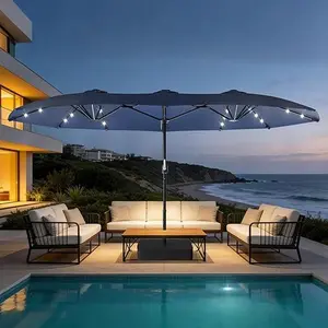 Slendor 15FT Double-Sided Solar Patio Umbrella, Large Outdoor Umbrella with Base and Crank Handle, UV Resistant Fade Proof Canopy for Backyard, Pool, Deck