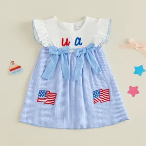 Baby Girl 4th of July Patriotic Sundress USA Embroidered Ruffle Sleeve Dress with Flag Appliques Independence Day Dress summervibes