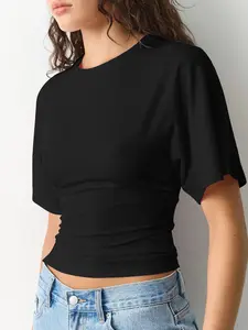 Women's Batwing Sleeve Waist Cinching T-Shirt, Y2K Fashion Summer 2026, Soft Cotton Breathable Basic Top, Versatile Girls' Casual Wear, Womenswear