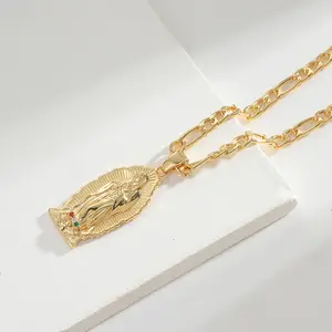 Gold Jesus pendant necklace set with colored cubic zirconia, suitable for both men and women, with a water-resistant gold chain