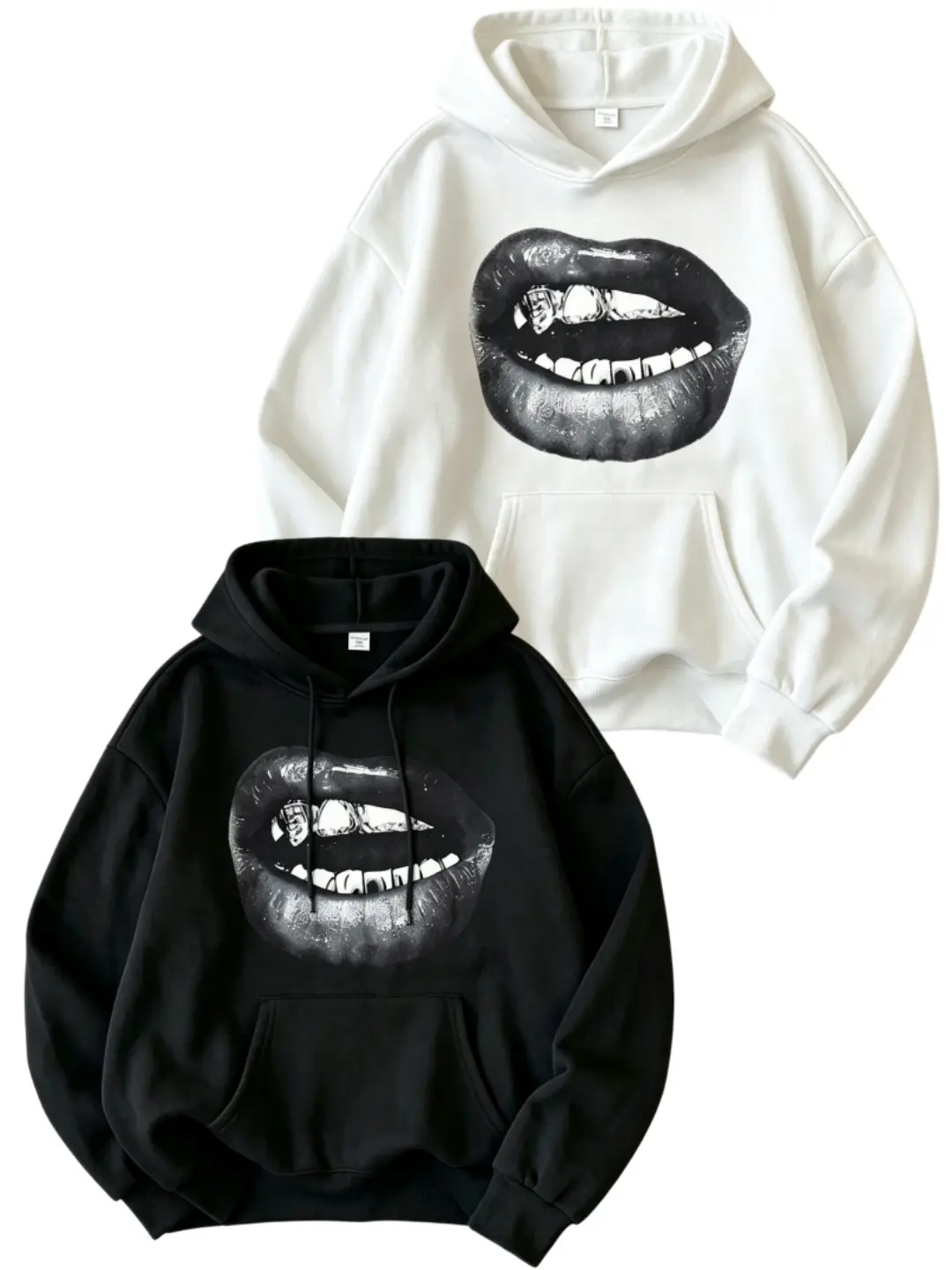 Vintage Distressed Diamond Fang Lip Print Hoodie Women, American Street Style Casual Loose Fit Long Sleeve Sweatshirt with Pockets