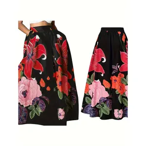 Women's Bohemian Style Floral Print Maxi Dress, Elastic Waistband and Puffy Design - Bright Red Pink Blue Patterns on White Background, Loose Casual to Formal Spring/Autumn Dress, Hand Wash or Dry Clean, Cute Dress, Autumn Outfit, Spring Fashion