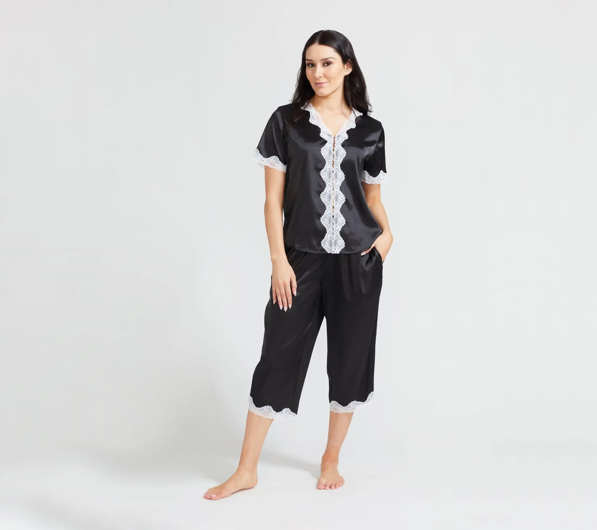 Randy Fenoli Sleepwear Satin Contrast Lace Trim Pajama Set