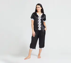 Randy Fenoli Sleepwear Satin Contrast Lace Trim Pajama Set