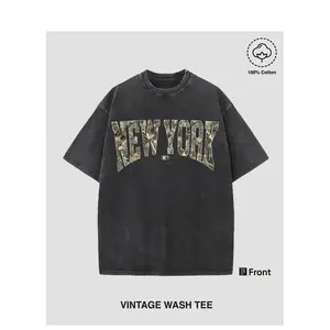 Men'S Heavyweight 100% Vintage Washed T-Shirt - Oversized Camouflage New York Print Streetwear Tee, Loose Fit Hip-Hop Style, Machine Washable All-Season Casual Shirt with Urban Graphic Design |   Ideal Gift for M