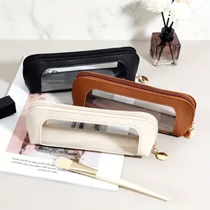 Small Clear PU Leather Makeup Pouch, Portable Waterproof Makeup Brush Bag, Mini Transparent Zipper Cosmetic Organizer for Women Travel Home Office Use