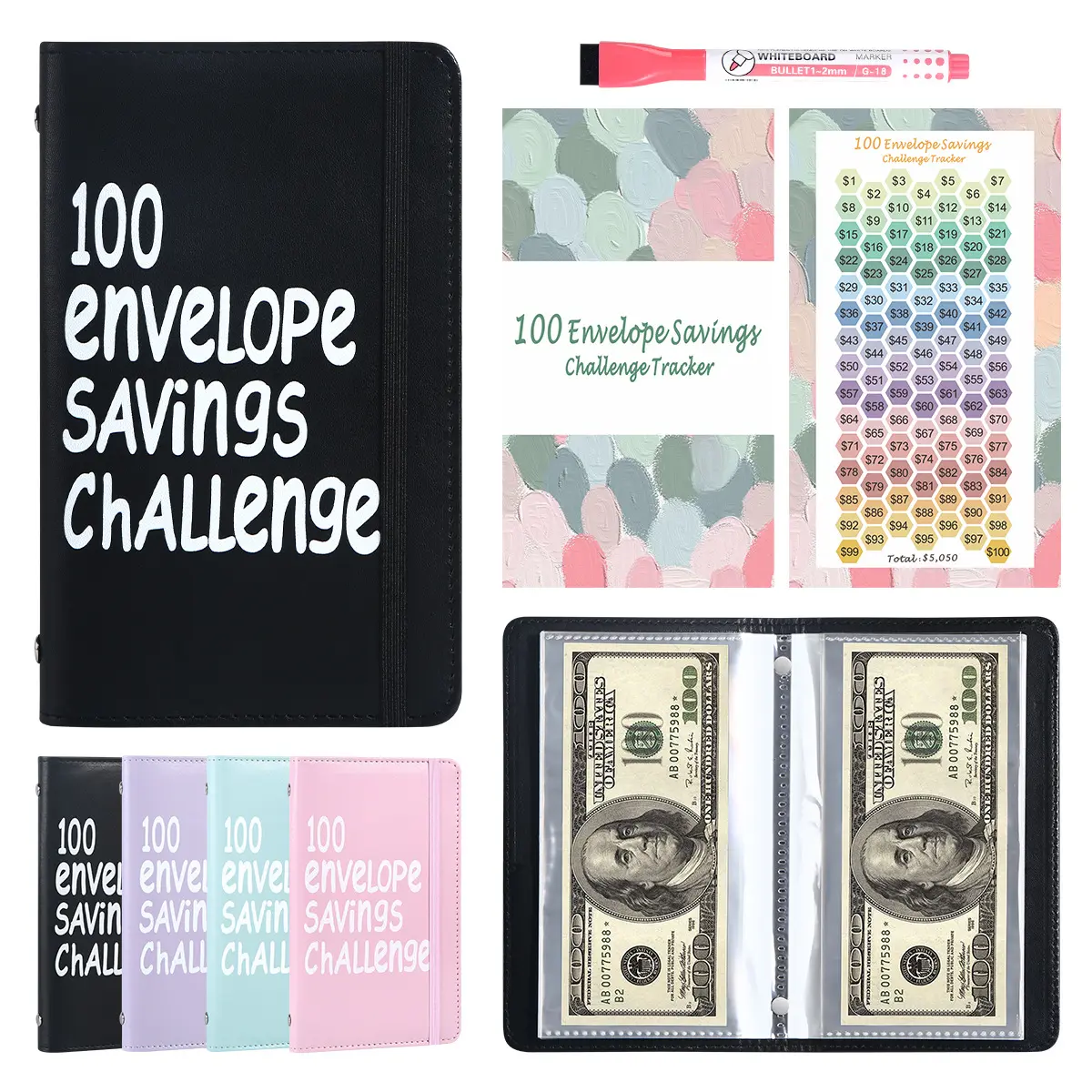 100 Envelopes Money Saving Challenge - A5 Money Saver Budget Binder Book with Cash Envelopes, Savings Tracker Card, Pen, 100-Days of Easy and Fun Ways to Save $5,050 Cash Envelope Challenge Binder, Perfect for Building Smart Money Habits