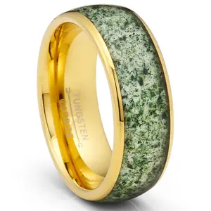 Gold Plated Tungsten Carbide Ring Mens Wedding Band Moss Agate Inlay 8MM Comfort-Fit