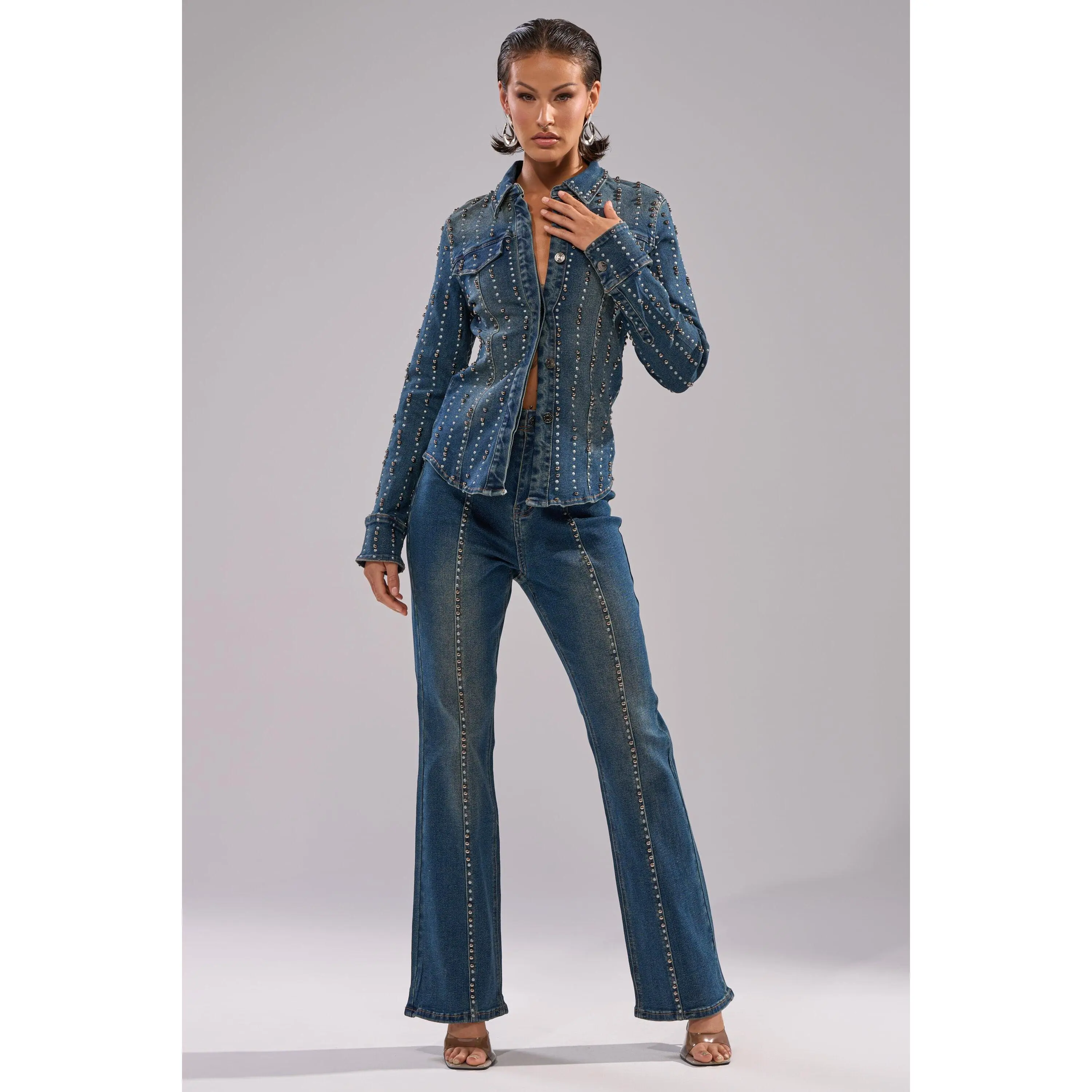 GLAMOUR STUDDED FLARE DENIM PANT