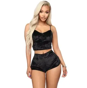 Velvet Halter Top and Shorts Sleepwear Set Women's Lingerie Pajama in Solid Color Comfortable Stylish Chic Design for Elegant Women's Basic Sleepwear Womenswear Piece Minimalist Spaghetti Strap