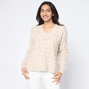 TWRHLL by Christie Brinkley Embellished Cable Knit Sweater