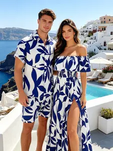 DRESSLILY 2026 Vacation Couple  Set, Women's Off-the-Shoulder Tropical Dress with Leaf Design & Slit Detail, Men's Short-Sleeve Button-Up Shirt, Casual Chic, US Sizes