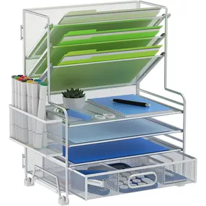 4-Tier Paper Organizer + 3-Pocket File Holder + Drawer + Pen Holders, Desktop File Organizers Paper Tray for Office Supplies School Classroom Organization (Silver, with Drawer & Pen Holder)