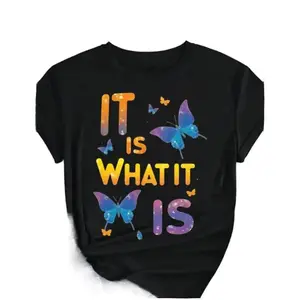 Plus Size Women'S   T-Shirt - Colorful Butterfly Graphic & "It Is What It Is" Inspirational Quote, Casual Short Sleeve Round Neck Top For Spring Summer Fall, Mother'S Day Juneteenth Gift, Ladies T Shirts Golf Gift T-Shirt For Men And Women