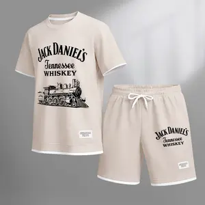 Men's Beer Print Drawstring Shorts Set, Suitable For Spring And Summer Wear, Casual Summer Set, Including Short-Sleeved Shirt And Shorts, Suitable For Everyday Wear And Sports.
