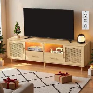 Rattan TV Stand for 70 Inch TV 63" Modern Entertainment Center with LED Light Storage Shelves 2 Drawers Cabinets Rattan Door Boho TV Stand with Outlet for Living Room Wood