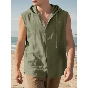 Men's Lightweight -Linen Sleeveless Hooded Shirt - Breathable Summer Beach Shirt, Casual, Comfortable, Trendy and Versatile, Ideal for Leisure and Vacation (Sizes S-XXXL)
