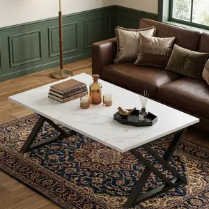 Black Modern Faux Marble Coffee Table with Sturdy Metal Frame, Industrial Rectangular Center Table for Living Room Bedroom Home Office, Stylish Wooden Tea Table with Stable Structure & Contemporary Design