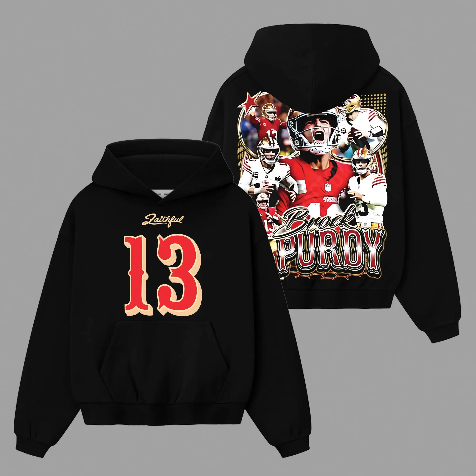 Brock Purdy #13 Football Fan Hoodie T-Shirt, Bay Area Game Day Apparel, Faithful Fan Shirt, Cotton Hoodie Made in USA, Gift for Football Enthusiasts