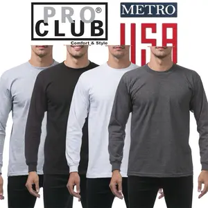 3 Pack PRO CLUB Long Sleeve Heavyweight Casual Heavyweight Tee Plain Warm Long Tee Classic Crew Neck Menswear unisex cotton