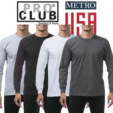 3 Pack PRO CLUB Long Sleeve Heavyweight Casual Heavyweight Tee Plain Warm Long Tee Classic Crew Neck Menswear unisex cotton