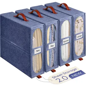 4x Bed Sheet Organizer Storage Boxes with Big See-Through Windows - Bedsheet Organizers Redesigned. Robust Bed Sheet Storage -15x13x5 Inches Sheet Organizers Containers (Denim)