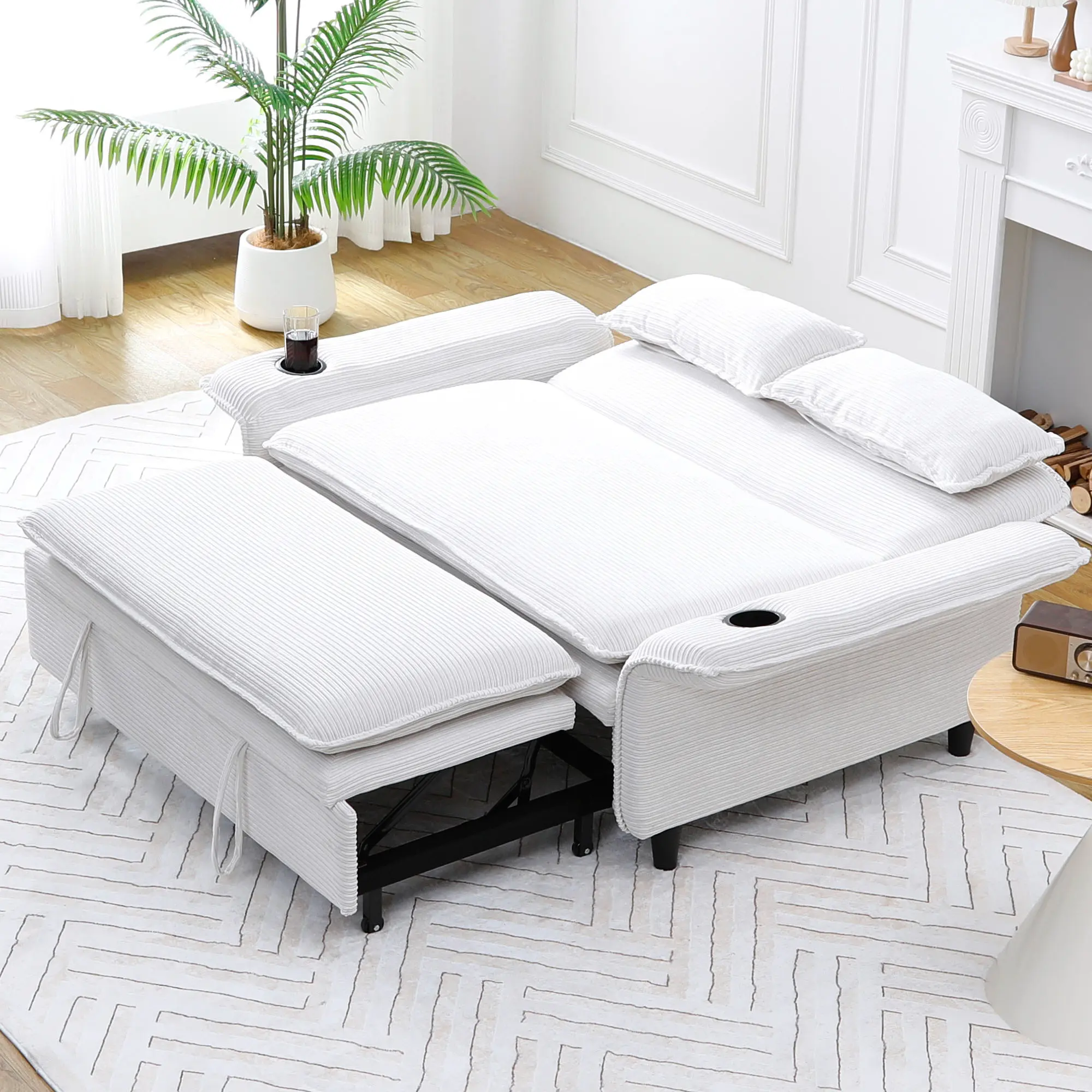 66" 3-in-1 Corduroy Convertible Sofa Bed with Cup Holder, Adjustable Upholstered Couch with Pull-Out Bed, Adjustable Armrests & Backrests, Modern Chaise Lounge, Easy Assembly Beige Living Room Furniture