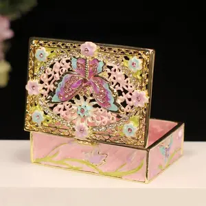 Enamel Jewelry Box with Butterfly and Floral Design in Pink and Gold Finish for Elegant Storage