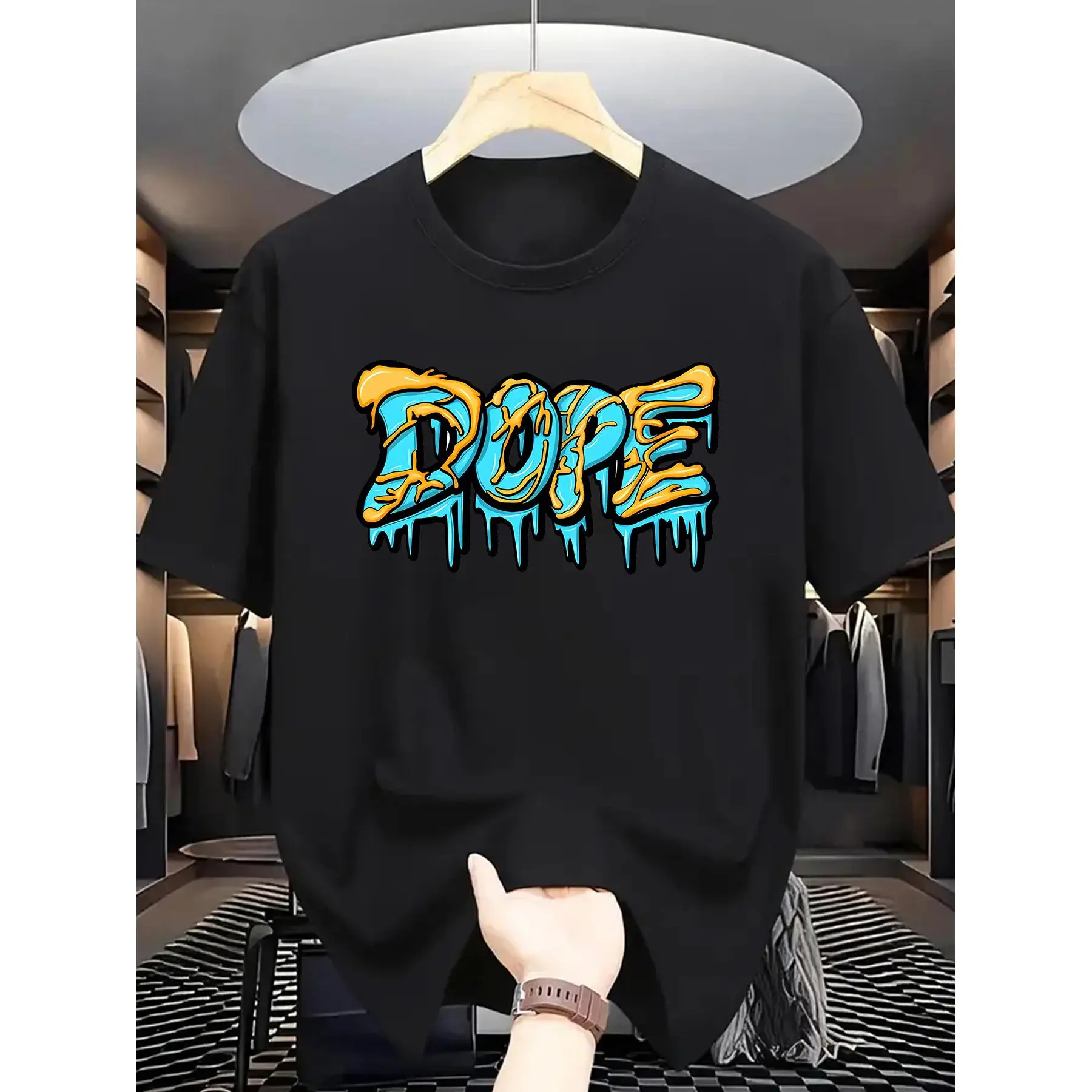 [Vibrant T-Shirt] Vibrant Turquoise Men's Summer Short Sleeve T-Shirt |   Casual, Bold Drip Letter Graphic Print, Regular Fit, Machine Washable, Comfortable Fit