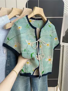 Bohemian Casual Loose Crew Neck Floral Print Short Sleeve Knit Top, Casual Streetwear Top, Front Tie Design, Contrast Piping, Khaki, Women's Spring Summer Knit Top, Lady, Knitwear