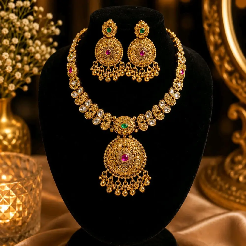 Traditional Antique Gold Heritage Pendant-Style Necklace Set