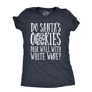 Womens Do Santas Cookies Pair Well With White Wine T Shirt Funny Xmas Drinking Lovers Tee for Ladies Funny Womens T Shirts Cute Vintage Fashion Casual Ladies T-Shirt Gift Christmas Tops for Women Funny Wine Top Navy -