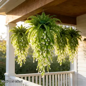 4pcs Set - Large Boston Fern and Camellia Wall Hanging Combo, Outdoor - Wedding Garden Modern Decor | Garden and Yard Decoration, Maintenance-Free - Perfect for Spring, Valentine's Day, Mother's Day, Easter, St. Patrick's Day, Birthdays