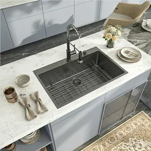 Logmey 30"  x 22"  Drop-in Kitchen Sink Gunmetal Black Sink 16 Gauge Stainless Steel Single Bowl Sink