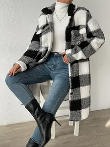 Women's Long Flannel Plaid Jacket, Comfortable Lapel Button Shirt Jacket, Faux Fur Lamb Wool Coat, Winter Warm Elegant Teddy Outerwear