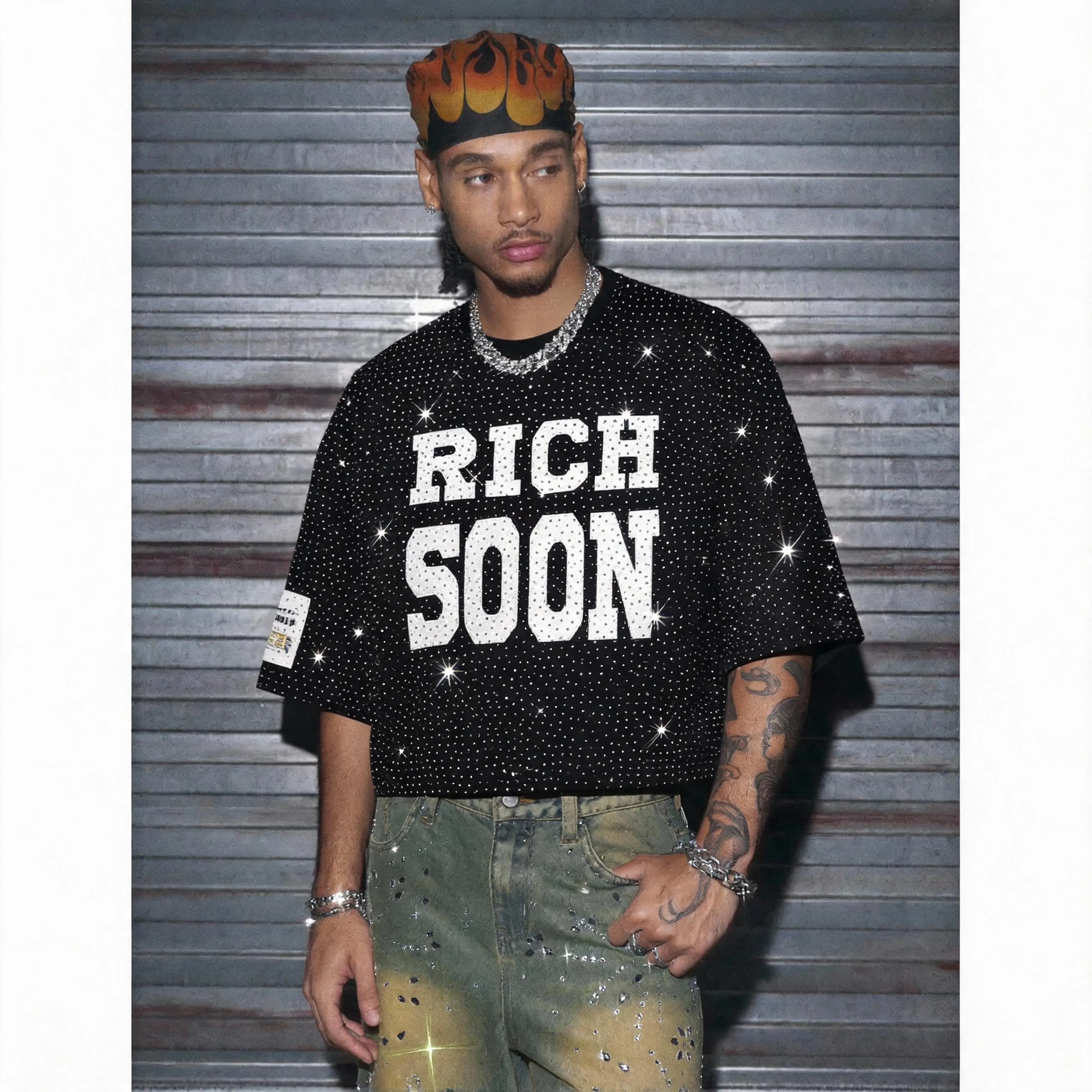 Men's Streetwear T-Shirt with Rhinestone Letters Graphic, Soft 3/4 Sleeve Casual Fall Top, Menswear Fashion Gift for Boyfriend, Tshirt, Clothing, Good Graphic Tees, Rhinestone Letter Graphics