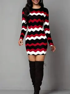 Women's Vintage Geometric Print Casual Long Sleeve Dress, Elastic Polyester Blend Backless Short Mini Tight Fit, Perfect for Daily Wear, Christmas New Year,Perfect holiday gift