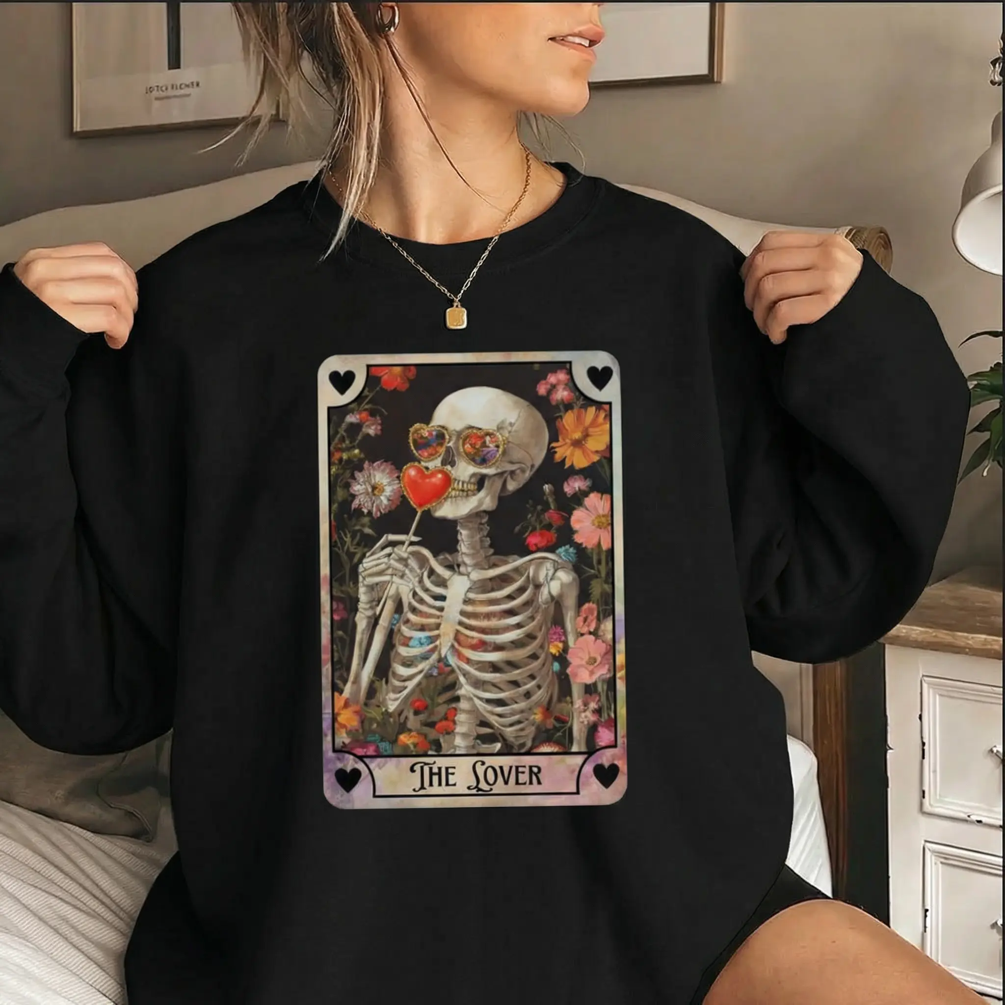 Women's Crew Neck Pullover Sweatshirt with The Lovers Tarot Card, Gothic Skeleton Floral Heart Graphic, Vintage Fantasy Aesthetic 100% Cotton Top