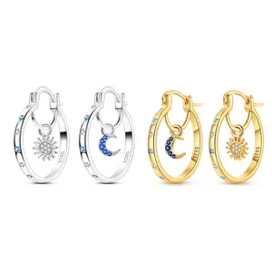 NARMO Sun and Moon Dangle Earrings, S925 Silver Plated with White Gold, Inlaid with Shining CZ, Perfect Gift for Girls and Women on Birthday, Valentine's Day, Christmas, Anniversary