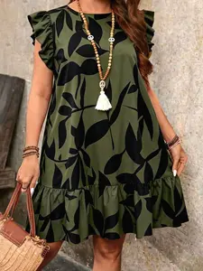 Plus Size Smock Dress, Abstract Leaf Print, Ruffle Cap Sleeve, Knee Length, Casual Everyday