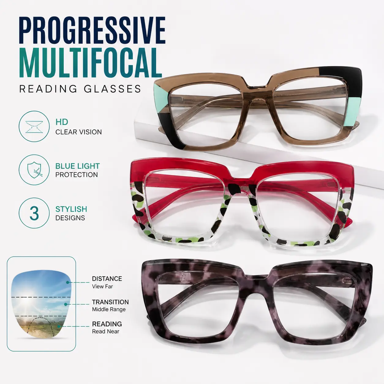 Progressive Multifocal Reading Glasses for Women, Blue Light Blocking HD Readers, Lightweight Stylish Frames for Reading, Computer & Daily Use outdoorfun
