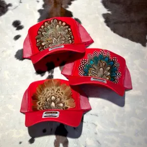 Otto Western Feather Crown Trucker Hat Red- 1970s Inspired Semi-Structured Foam Hat with Unique Feather Design Snap Closure & Curved Visor